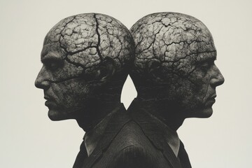 Abstract monochrome illustration of two heads with cracked brains symbolizing the fragility of mental health and the challenges of intellectual endurance in a stark design