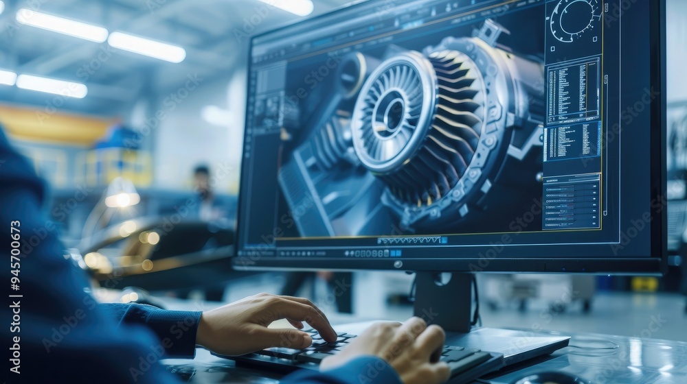Poster close up of a desktop computer monitor screen with 3d cad software with prototype jet engine project