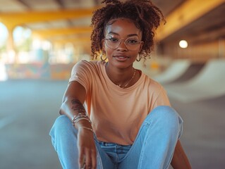 Young woman wearing a peach shirt and blue jeans looking at the camera