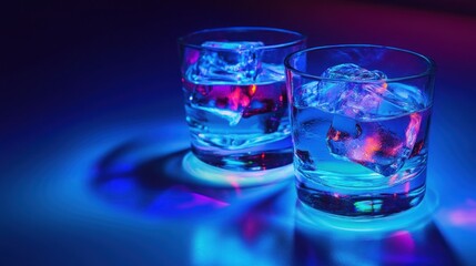 Two Glasses of Water with Ice Cubes under Neon Lights