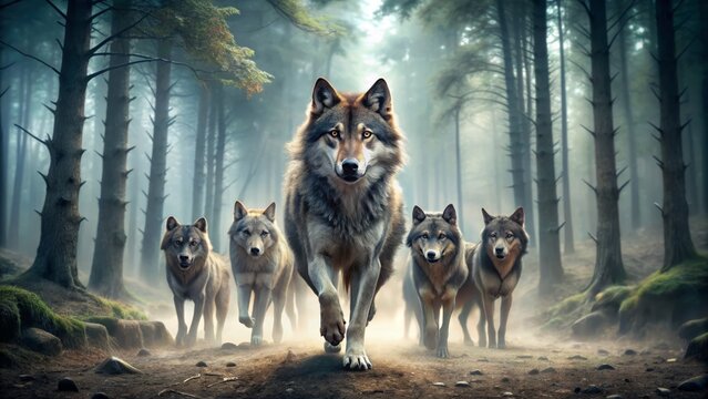 A confident and powerful wolf takes charge, leading its pack through a misty forest landscape, symbolizing strong leadership and unity in the wild.