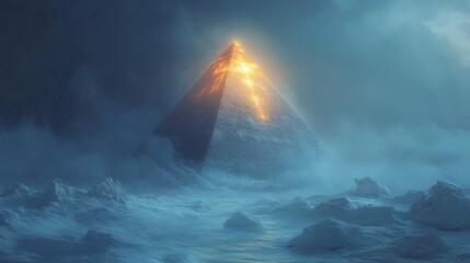 Ancient Pyramid Illuminated in Misty Tundra
