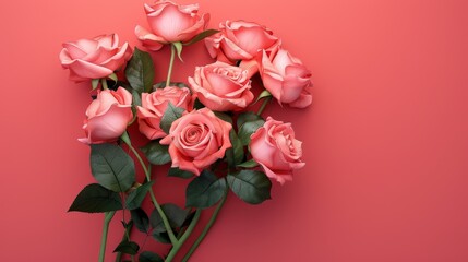 Pink roses on coral background copy space