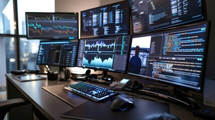 Naklejka premium Closeup of a digital lawyers workstation, showing multiple screens with legal research and edocuments, perfect for modern legal practice