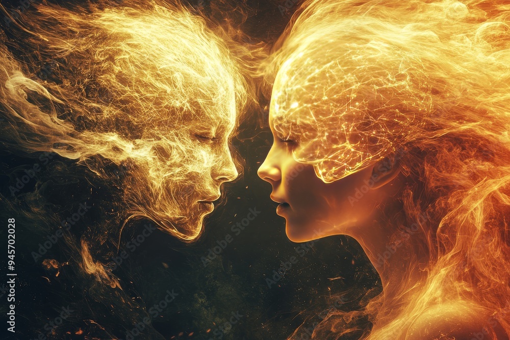 Aufkleber abstract artwork of two faces with fire like neural patterns representing the passionate exchange of