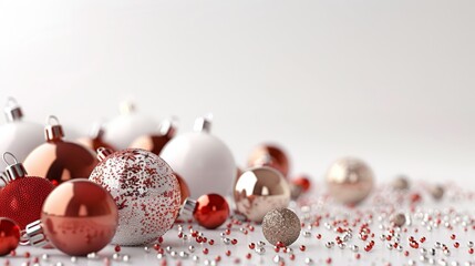 Red and white Christmas ornaments on a white background.