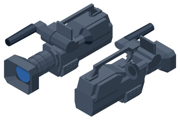 Isometric Professional digital video camera. The video camera with the microphone isolated on white, Concept of technology, modern, entertainment.