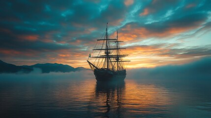 Fototapeta premium Mystic Ship at Sunset on Calm Water
