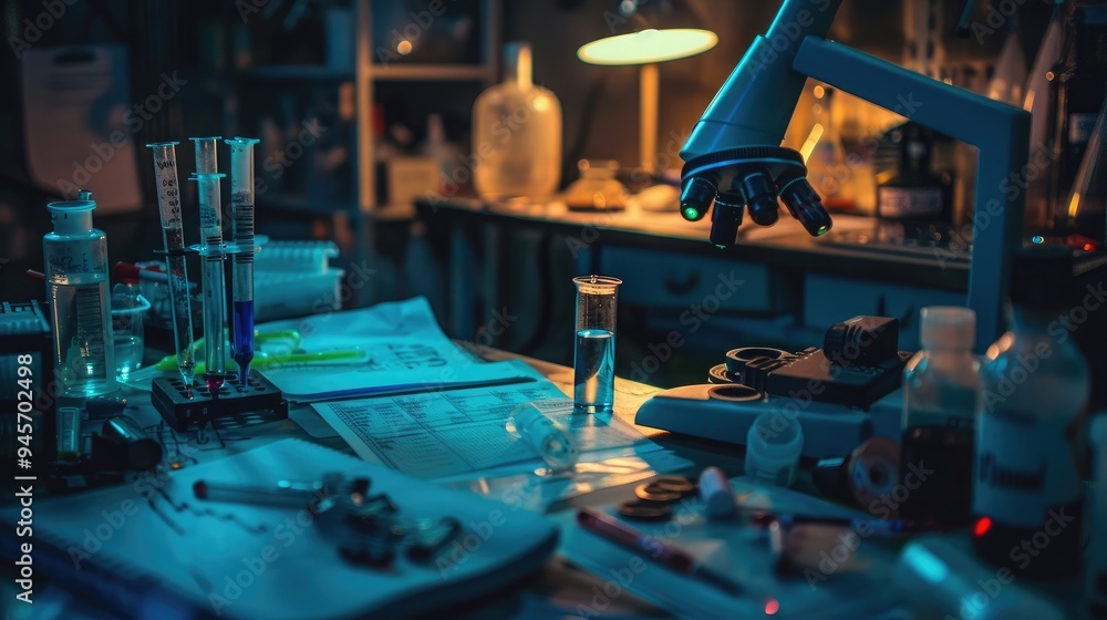 Poster close-up of a forensic scientist's desk with forensic evidence and lab equipment, symbolizing a job 
