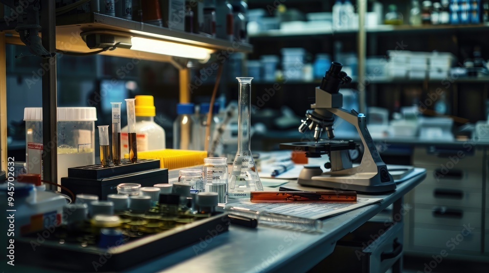Poster Close-up of a forensic scientist's desk with forensic evidence and lab equipment, symbolizing a job in forensic science
