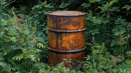 A rusty, rough, flat-topped metal barrel placed in a forest clearing, reflecting a mix of industrial pollution and natural, rustic charm.