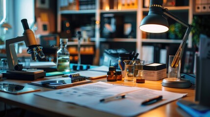 Close-up of a forensic scientist's desk with forensic evidence and lab equipment, symbolizing a job in forensic science