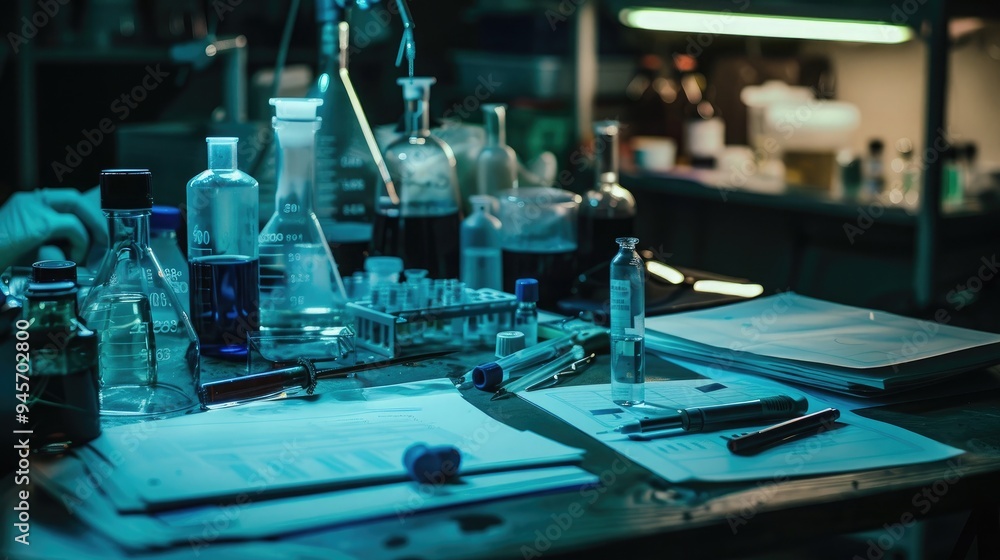 Poster close-up of a forensic scientist's desk with forensic evidence and lab equipment, symbolizing a job 