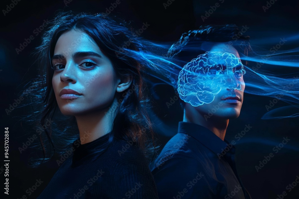 Poster Portrait of a woman with a digital neural network overlay symbolizing the integration of technology and human thought in a modern tech driven world