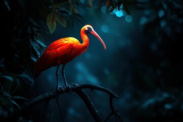 Fototapeta premium beautiful glowing scarlet ibis standing on a tree branch with light isolated on dark background 