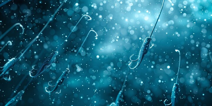 Digital sea with fish hooks and messages, Fish hooks in a digital sea carrying messages