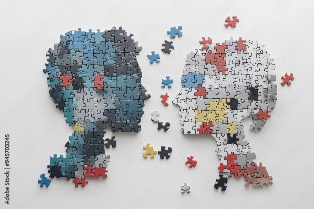 Poster puzzle piece heads facing each other symbolizing the complexity and interconnectivity of human thoug