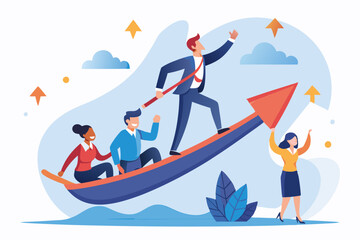 Leadership to lead team to the right direction, employee teamwork to help success, manager to motivate team or company to move forward concept, businessman manager lead people teamwork sailing arrow. 