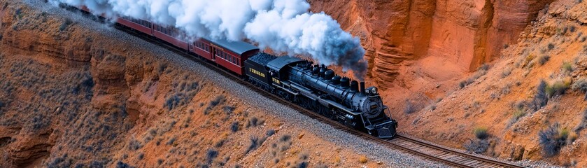 A vintage steam train travels along a winding track through a rugged, red canyon landscape.