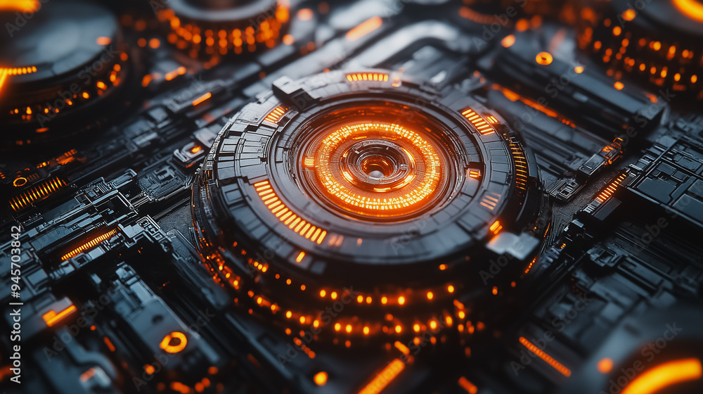 Poster a close up of a glowing, metallic object with a large, glowing circle in the center. the object is s