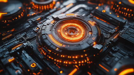 A close up of a glowing, metallic object with a large, glowing circle in the center. The object is surrounded by a variety of smaller, glowing circles and lines. Scene is futuristic and technological