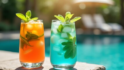 Two glasses with natural, delicious refreshing beverage at poolside