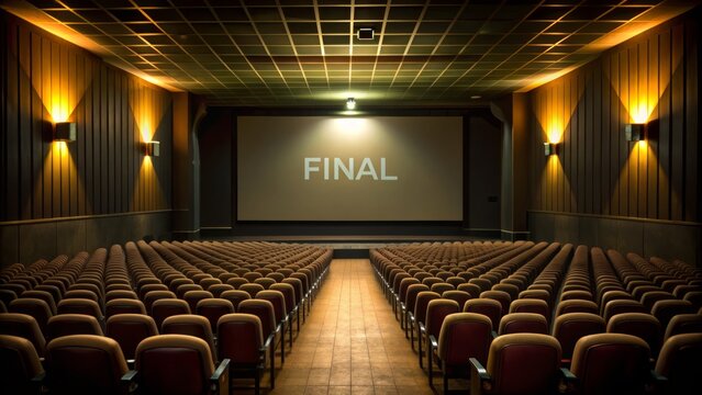 A dimly lit cinema theater empty of spectators, with the final credits rolling on the screen, signaling the conclusion of the feature film presentation.