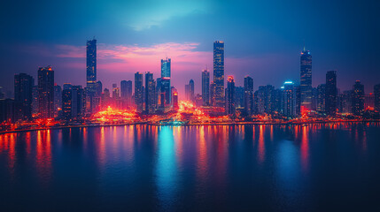 Fototapeta premium A city skyline with a large body of water in the background. The water is reflecting the lights of the city, creating a serene and peaceful atmosphere