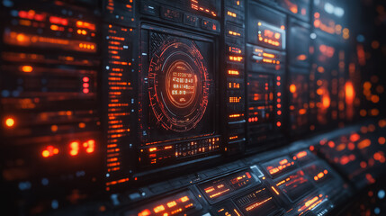 Obraz premium A computer monitor with a glowing circle on it. The circle is surrounded by a series of glowing buttons