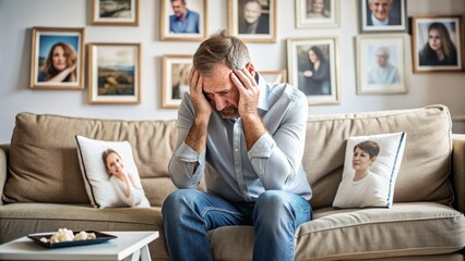A distraught father sits alone on a couch, surrounded by family photos, with his head in his hands, conveying a sense of sorrow and isolation.