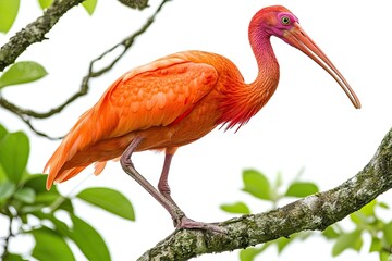 beautiful glowing red ibis standing on a tree branch isolated on white background 