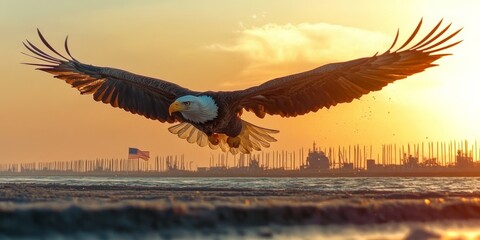 Obraz premium Majestic Bald Eagle Soaring at Sunset: A Stunning Display of Natural Beauty and Freedom
