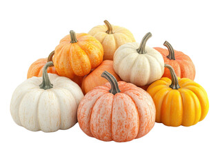 A vibrant assortment of decorative pumpkins showcasing a variety of colors and sizes, perfect for autumn themes and harvest decor.