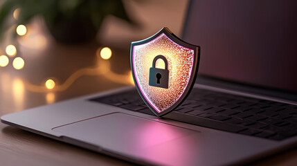 A glowing shield icon with a lock, representing digital security on a laptop keyboard in a cozy, illuminated environment.