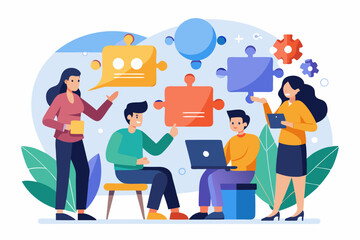 Conversation or communication for success, meeting discussion to get answer or solution, working together, partnership or collaboration concept, business people talk with speech bubble jigsaw connect.