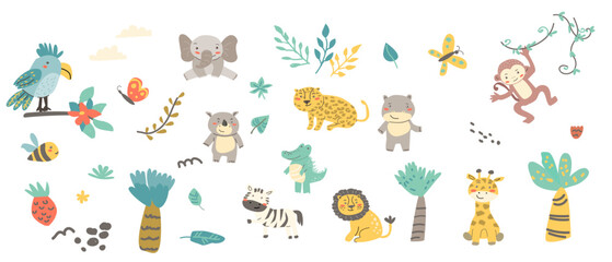 Cute baby animals safari set. Vector illustration. Children's african animals - lion, monkey, crocodile, rhino, elephant, zebra, leopard, giraffe for nursery design, baby showers cards, banners, texti