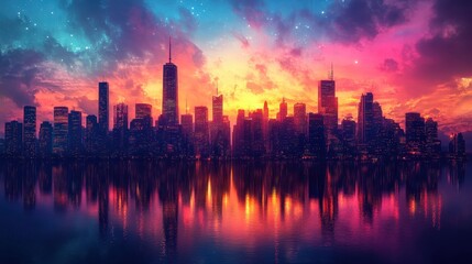 Dynamic Cityscape: Vibrant Skyscrapers Aglow in Twilight against Colorful Horizon