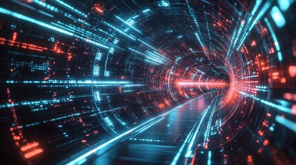 Obraz premium Abstract futuristic technology background with lines for network, big data, data center, server, internet, speed. Abstract neon lights into digital technology tunnel. 3D render.