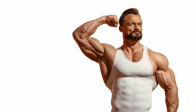 A man with a muscular build is posing for a photo in a yellow tank top - Powered by Adobe