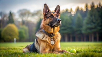 A focused German Shepherd dog sits obediently on a grassy field, wearing a training collar, with a tennis ball nearby, awaiting its next command.
