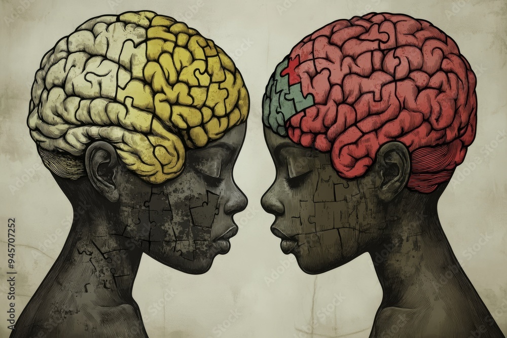 Poster artistic illustration of two faces with different colored brains symbolizing the diversity of though