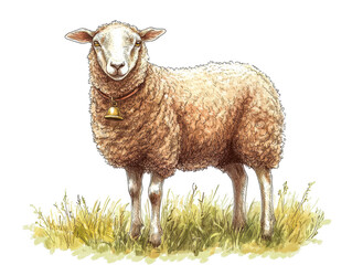 Fototapeta premium A fluffy sheep standing in a grassy field, showcasing its beautiful wool and friendly demeanor. Perfect for farm and nature themes.