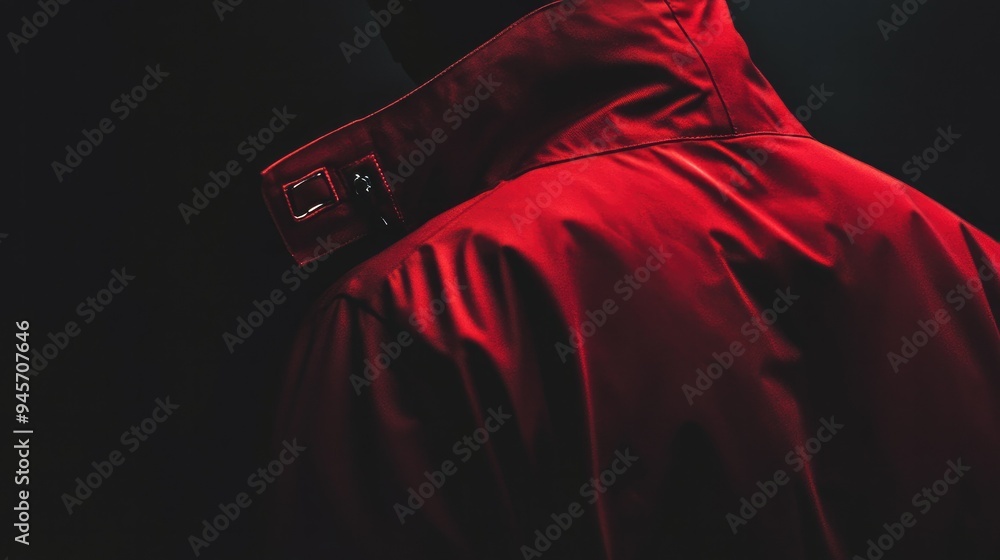 Poster concealed identity of a figure in a red jacket, captured in a mysterious and dramatic style. the foc