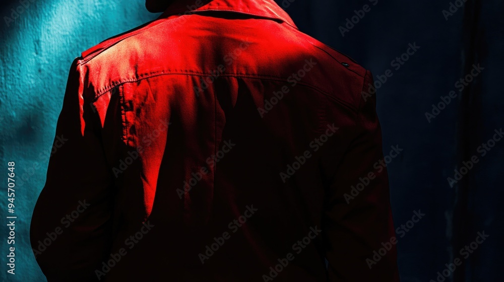 Poster concealed identity of a figure in a red jacket, captured in a mysterious and dramatic style. the foc