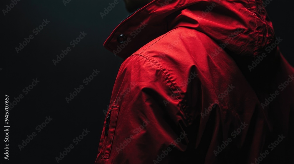 Poster concealed identity of a figure in a red jacket, captured in a mysterious and dramatic style. the foc