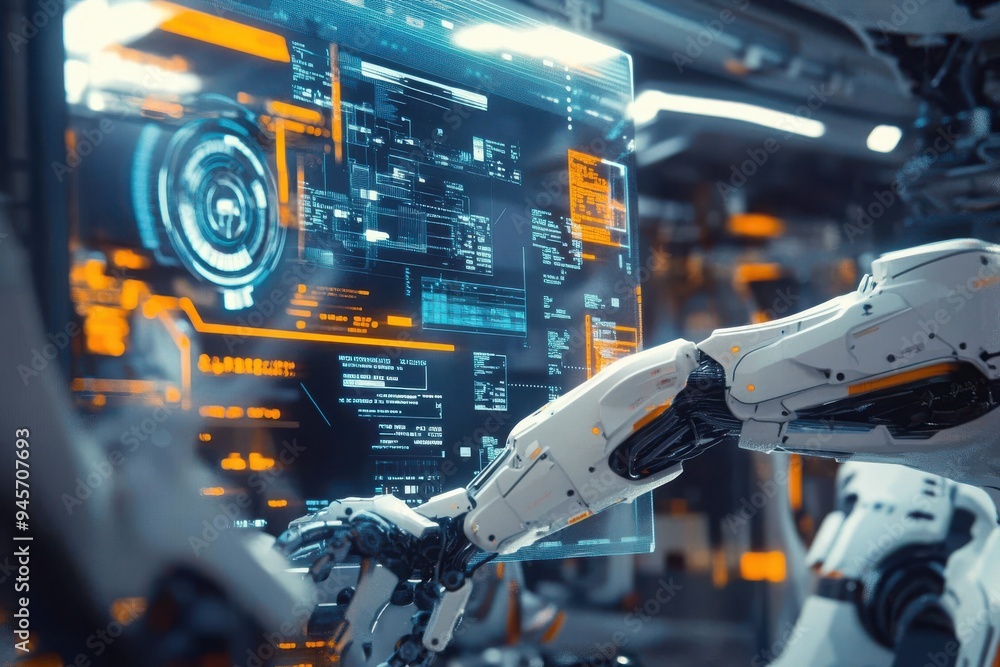 Poster a futuristic industrial setting featuring robotic arms working on a production line with holographic