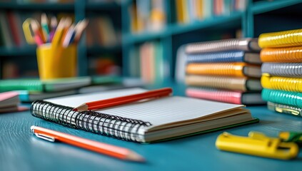 A blank notebook surrounded by colorful school supplies 