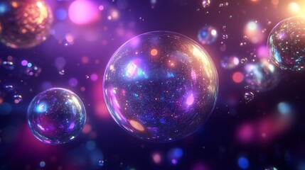 Abstract Cosmic Spheres: Glowing Iridescent Orbs in a Purple Universe