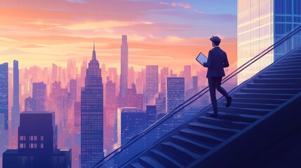 Aspiring entrepreneur ascends staircase with determination, carrying a clipboard amidst the vast New York skyline. Embodying the pursuit of business objectives, professional growth, and triumph.