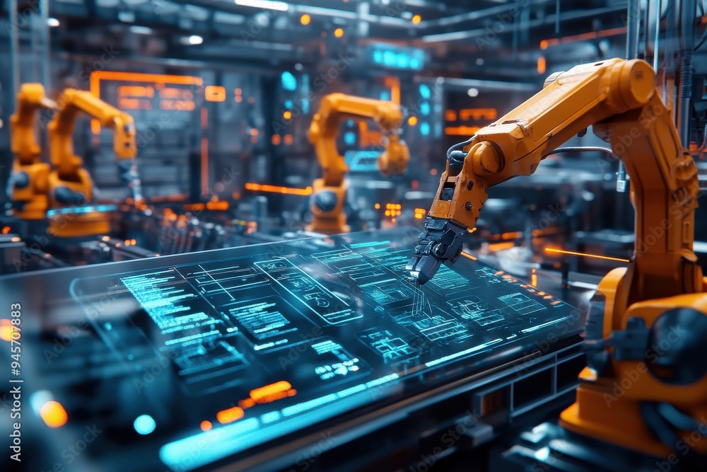 Poster a futuristic industrial setting featuring robotic arms working on a production line with holographic